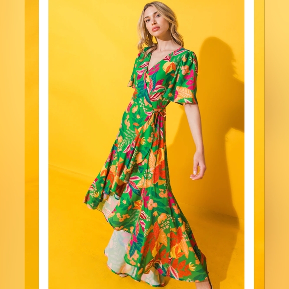 Flying Tomato high low wrap dress. Size L, green tropical - Picture 3 of 6